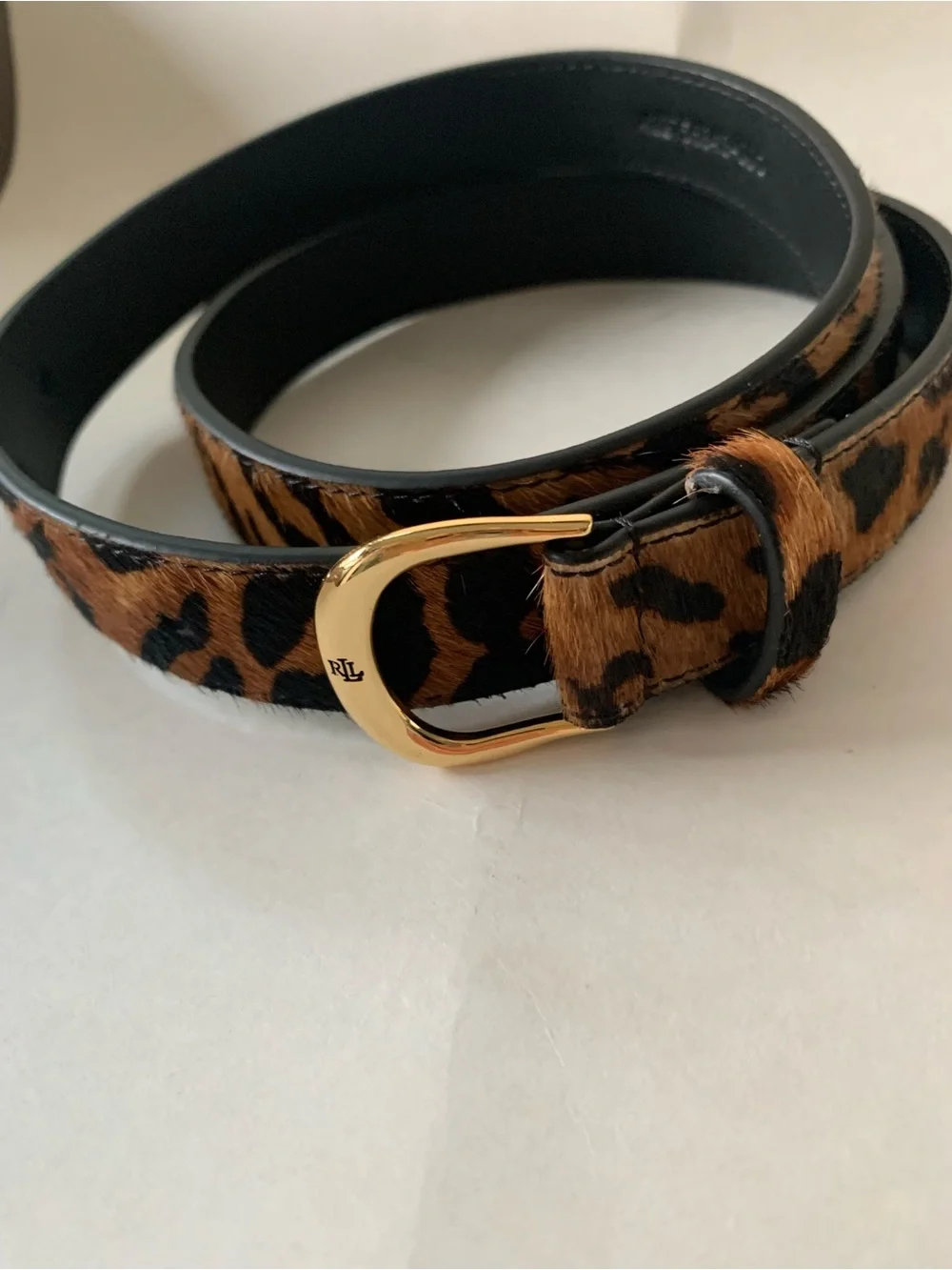 Ralph Lauren Leopard Haircalf Belt with Gold Buckle